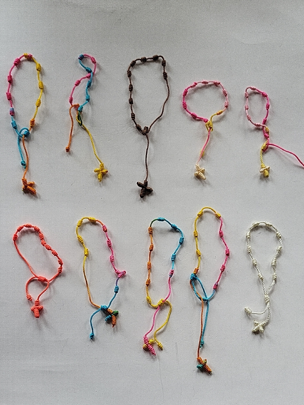 Knotted Cord Rosary Cross Prayer Bracelets Lot of 10